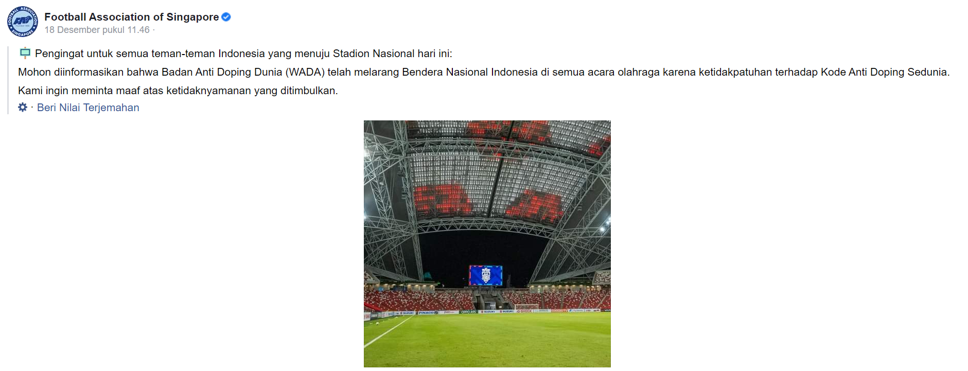 football association of singapore melarang suporter indonesia untuk bawa bendera