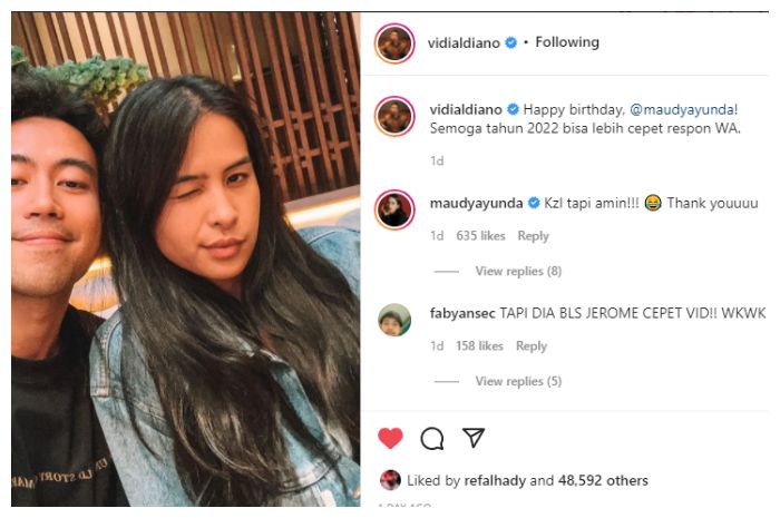 Vidi Aldiano beri ucapan ulang tahun dan harapannya untuk Maudy Ayunda yang membuat kesal sang penyanyi.