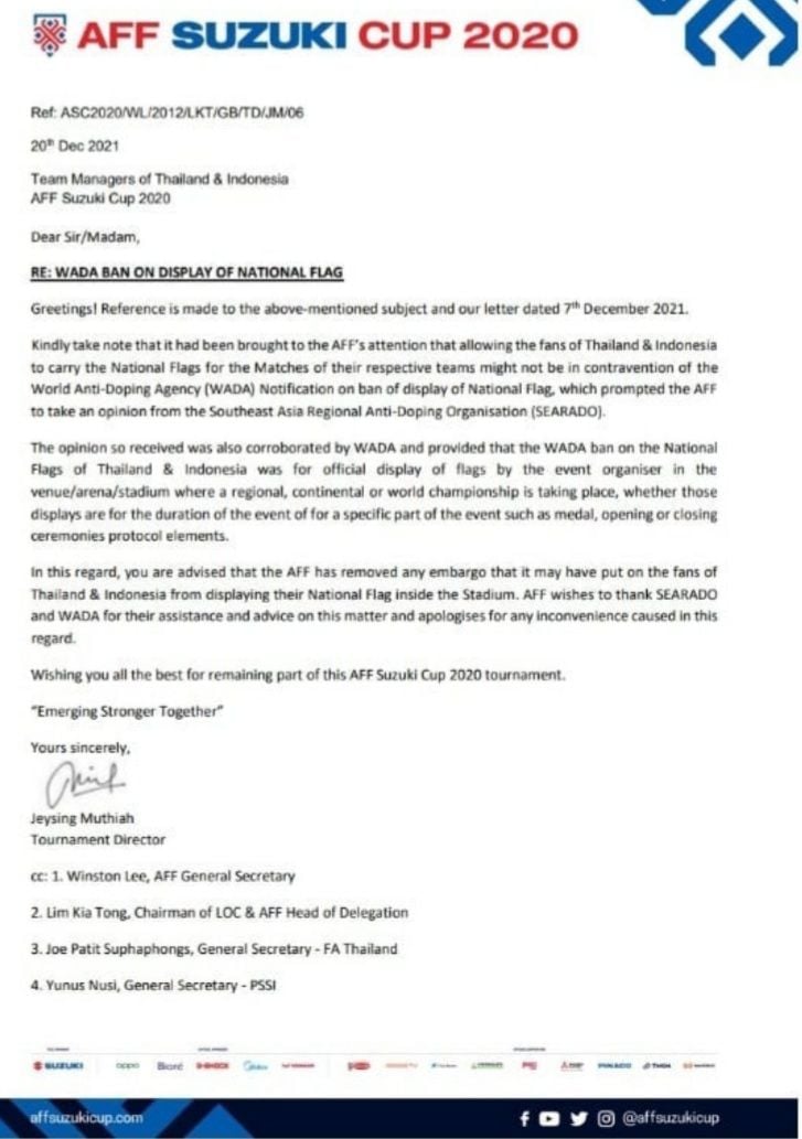 Surat dari AFF, mengenai sanksi tidak boleh mengibarkan bendera pada final Piala AFF 2020, oleh karena sanksi dari WADA.