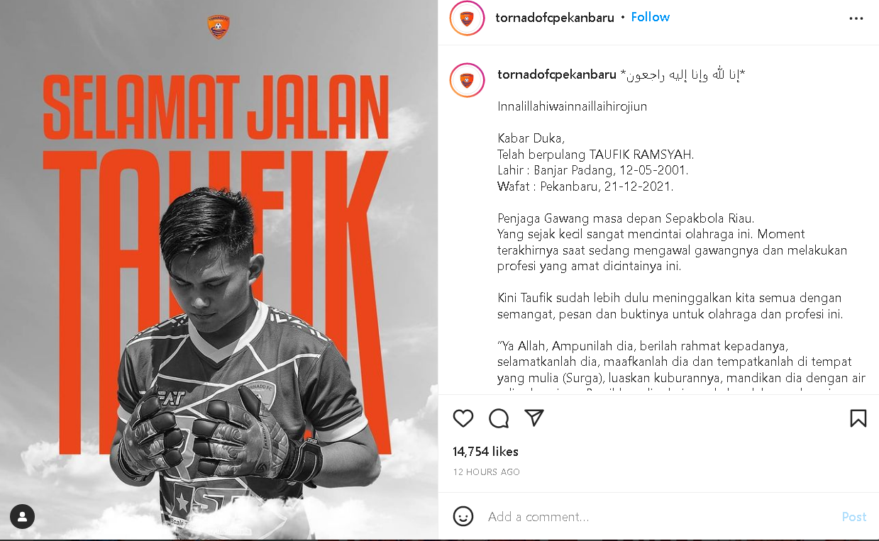 Instagram Tornado FC Pekanbaru.