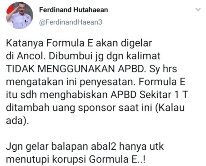 Cuitan Ferdinand Hutahaean merespons soal penyelenggaraan Formula E disebut Sahroni tak akan gunakan APBD Jakarta.