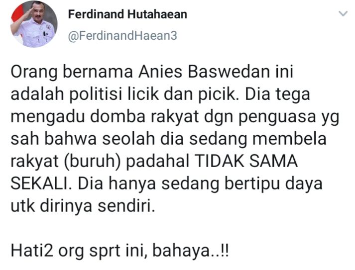 Cuitan Ferdinand Hutahaean kembali mengkritik Anies Baswedan. Kini berkaitan dengan revisi UMP yang dilakukan sang Gubernur DKI Jakarta.