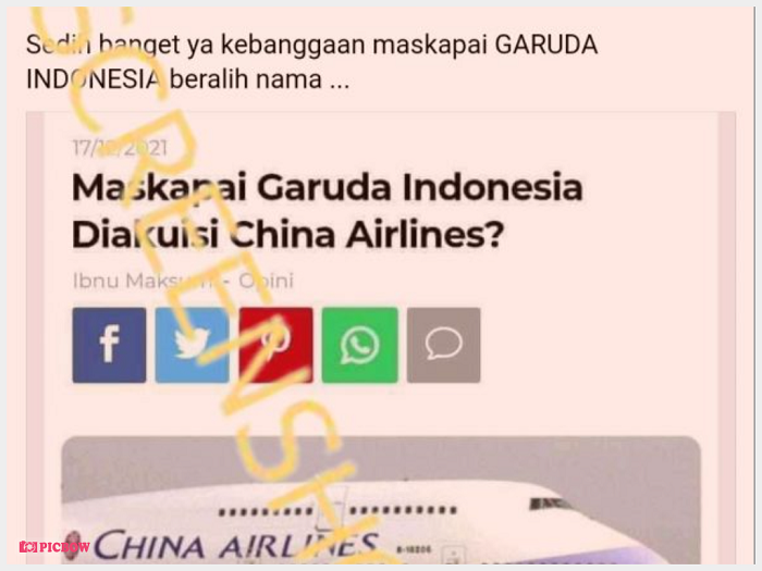 Tangkapan layar hoaks Maskapai Garuda Indonesia berganti nama jadi China Airlines.