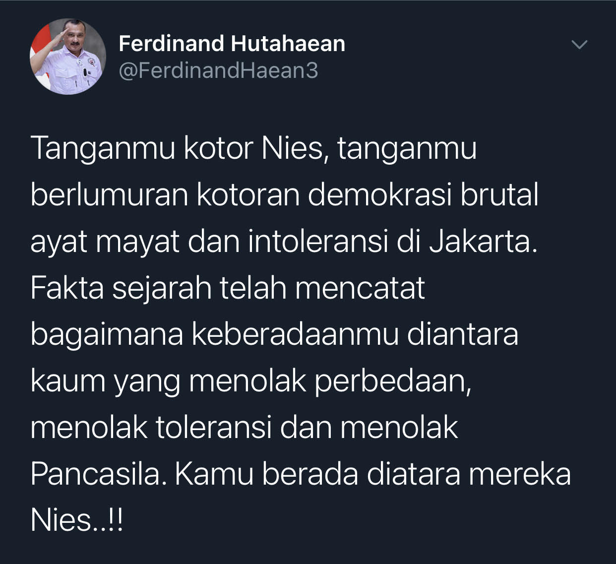 Cuitan Ferdinand Hutahaean yang kembali mengkritik Gubernur DKI Jakarta Anies Baswedan.