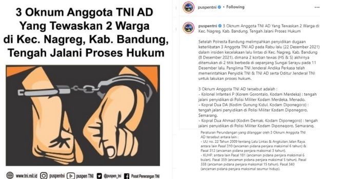Pernyataan resmi dari Puspen TNI terkait tiga oknum anggotanya yang terlibat kasus tabrak lari di Nagreg.