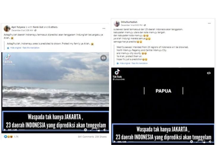 HOAKS - Beredar sebuah video yang menyebut ada daftar 23 daerah di Indonesia yang disebut akan tenggelam.*
