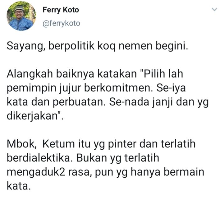 Cuitan Ferry Koto yang menyoroti pernyataan Giring soal Indonesia suram jika dipimpin pembohong pecatan Presiden Jokowi.