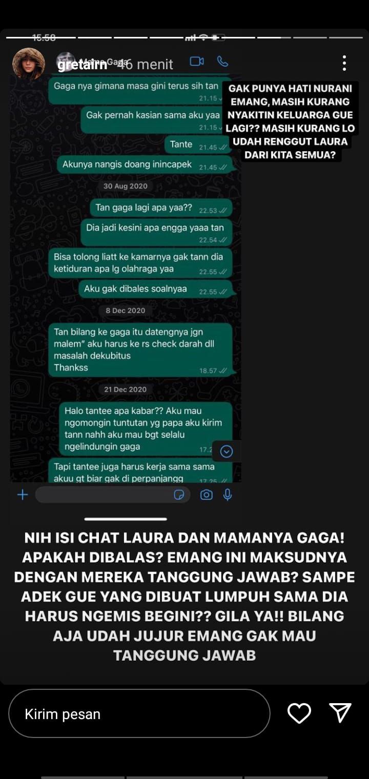 Isi Chat WA Laura Anna pada ibu Gaga Muhammad dibongkar sang kakak. 