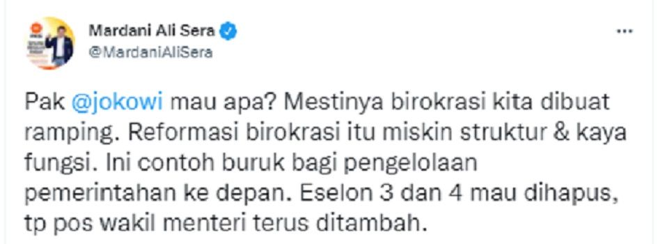 Ketua DPP PKS, Mardani Ali Sera memberikan kritik kepada Presiden Joko Widodo (Jokowi) soal aturan posisi Wakil Menteri (Wamen).*