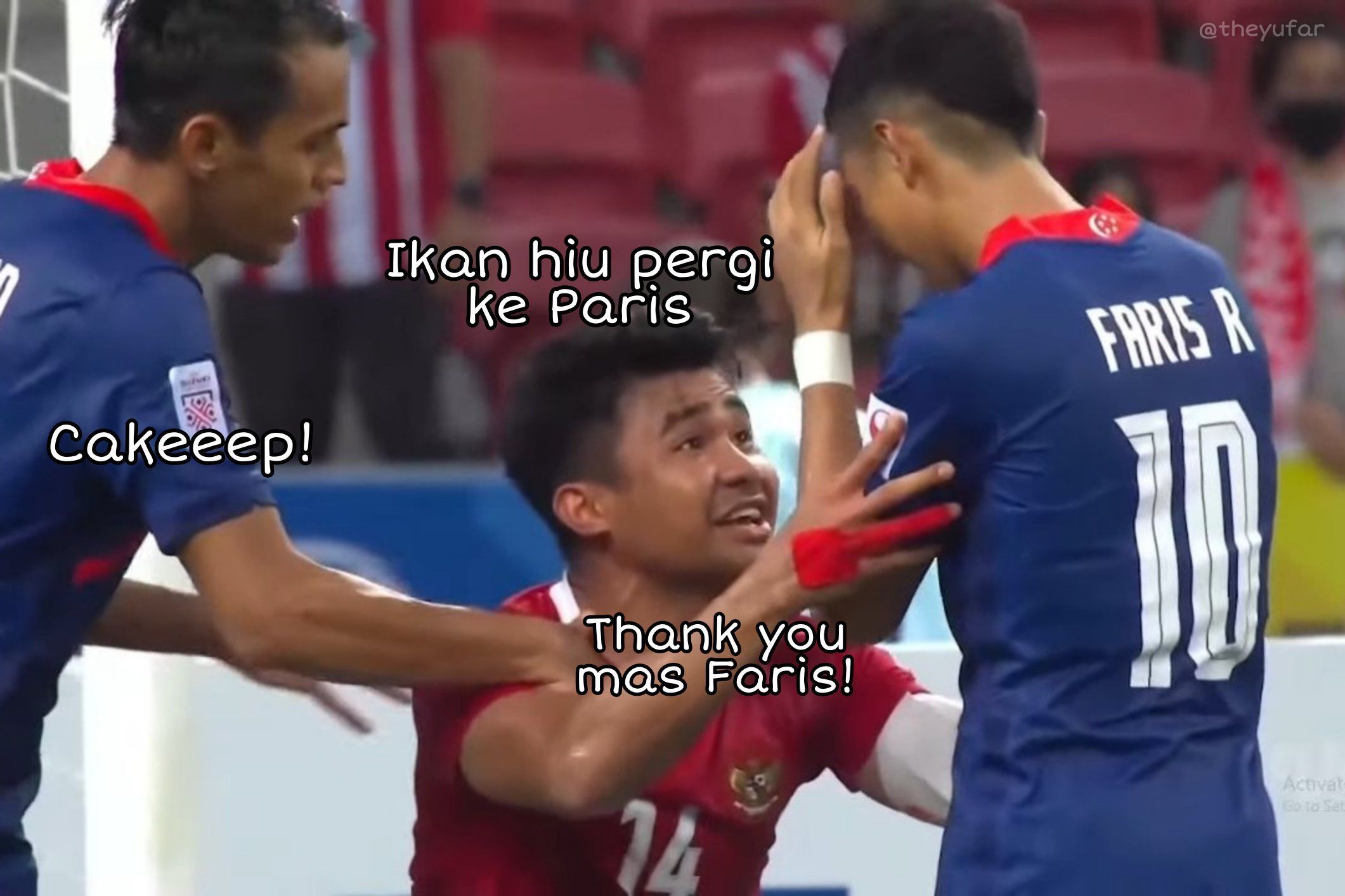 Meme Asnawi Mangkualam dan Faris Ramli di momen Indonesia vs Singapura leg 2 Piala AFF 2020.