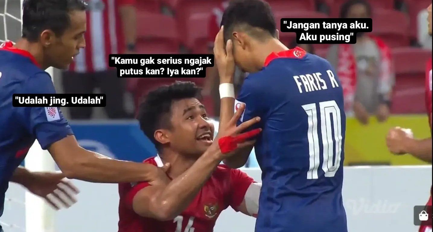 Meme Asnawi Mangkualam dan Faris Ramli di momen Indonesia vs Singapura leg 2.