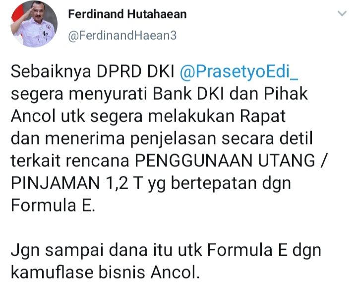 Bank DKI beri kredit Rp,1,24 triliun pada pihak Ancol, tetapi Ferdinand Hutahaean minta tidak untuk Formula E.