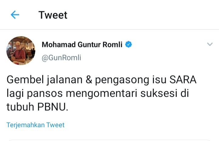 Cuitan Guntur Romli. /Tangkap layar Twitter /@GunRomli.
