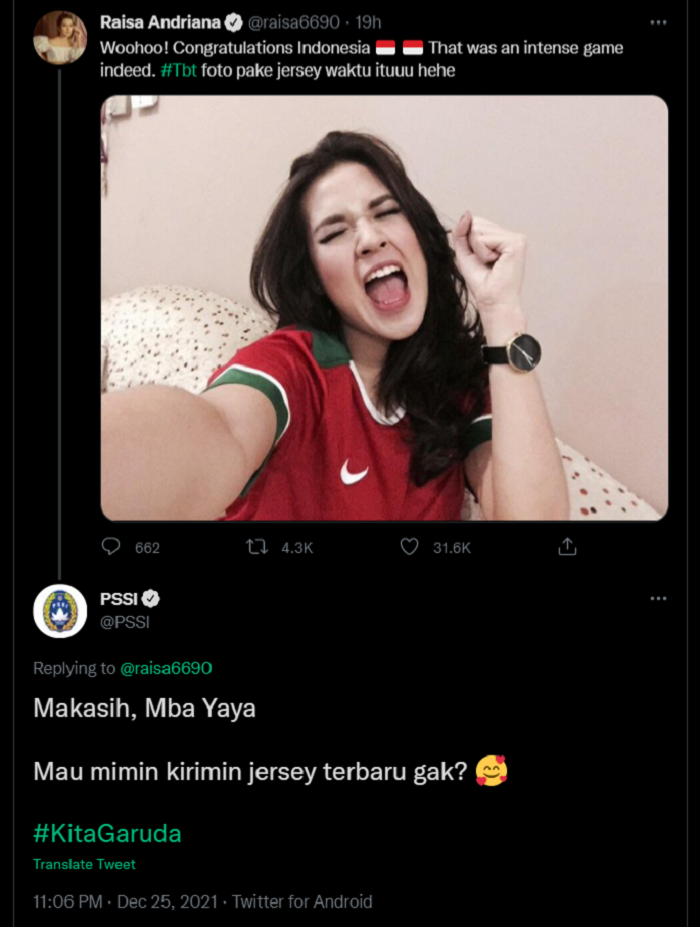 Raisa Andriana Ucapkan Selamat Kepada Timnas Indonesia Lolos Ke Final, PSSI Kirim Jersey Terbaru Untuknya