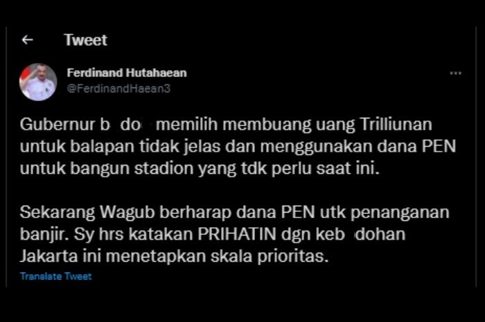 Ferdinand Hutahaean prihatin soal harapan Ahmad Riza agar dana PEN bisa digunakan penanganan banjir Jakarta.