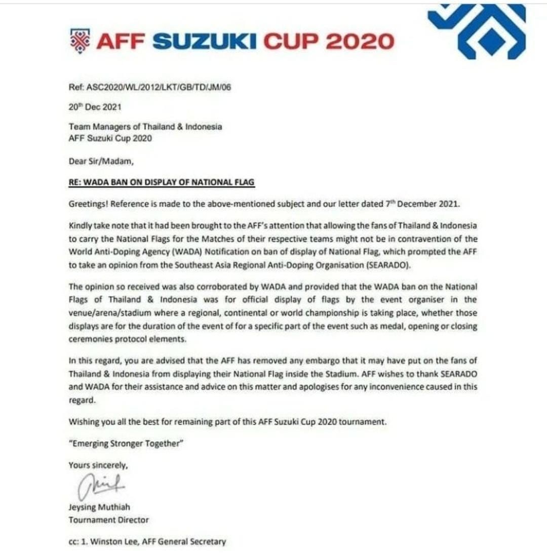 Surat resmi penyelenggara AFF larang Thailand dan Indonesia kibarkan bendera sat Final Piala AFF