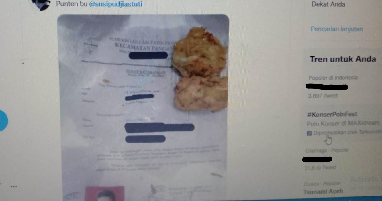 Salah satu postingan dokumen SUKET milik Susi Pudjiastuti yang dijadikan bungkus gorengan. 