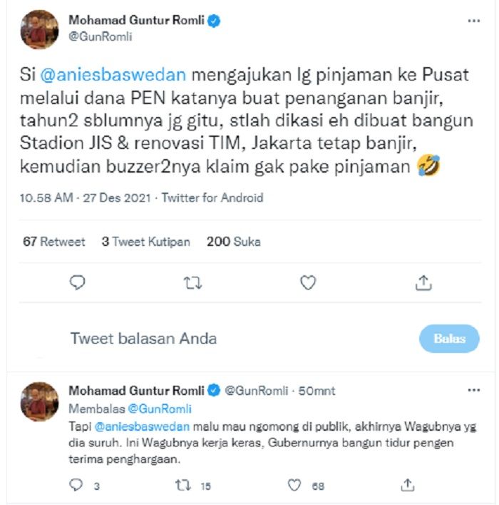 Mohamad Guntur Romli menyentil Gubernur DKI Jakarta, Anies Baswedan soal pengajuan kembali ke pusat melalui dana PEN.*