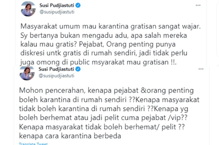 Susi Pudjiastuti menanggapi pernyataan Luhut Binsar Pandjaitan usai dirinya diduga disebut mengadu domba soal cuitan perihal karantina.*