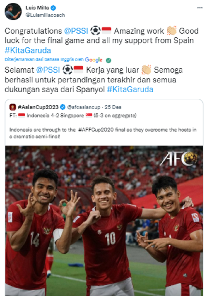 Luis Milla memberikan ucapan selamat dan dukungan kepada Indonesia yang berhasil maju ke bababk Final Piala AFF 2021.*