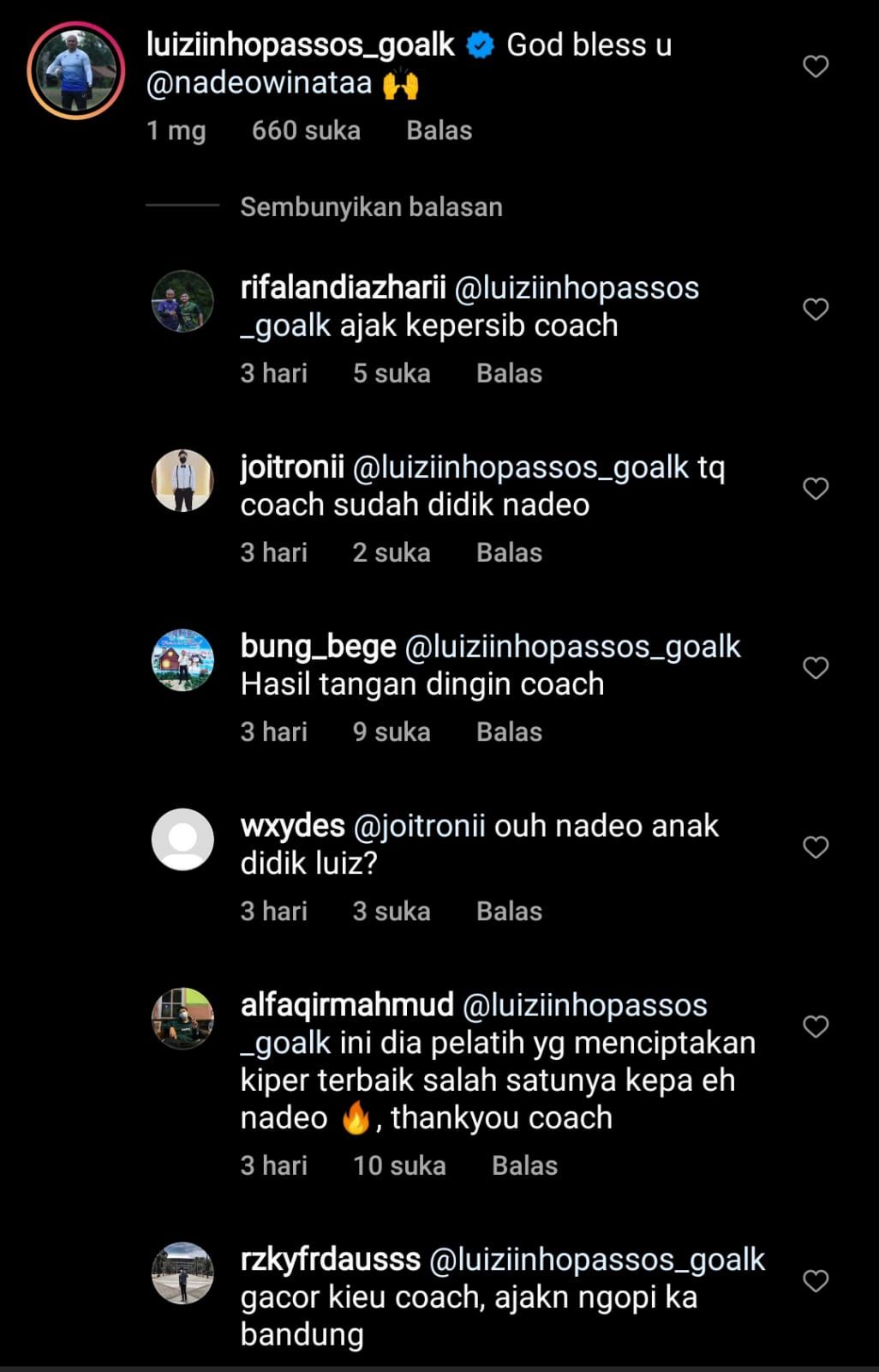 Komentar Netizen minta pelatih kiper Persib Bandung, pinang Nadeo dari Bali United