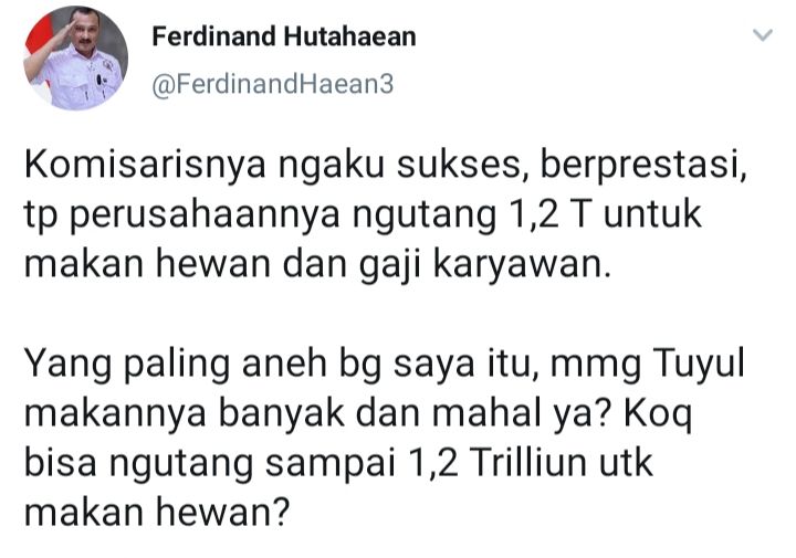 Cuitan Ferdinand Hutahaean yang sindir Geisz Chalifah buntut Ancol pinjam uang sebesar Rp1,2 triliun.
