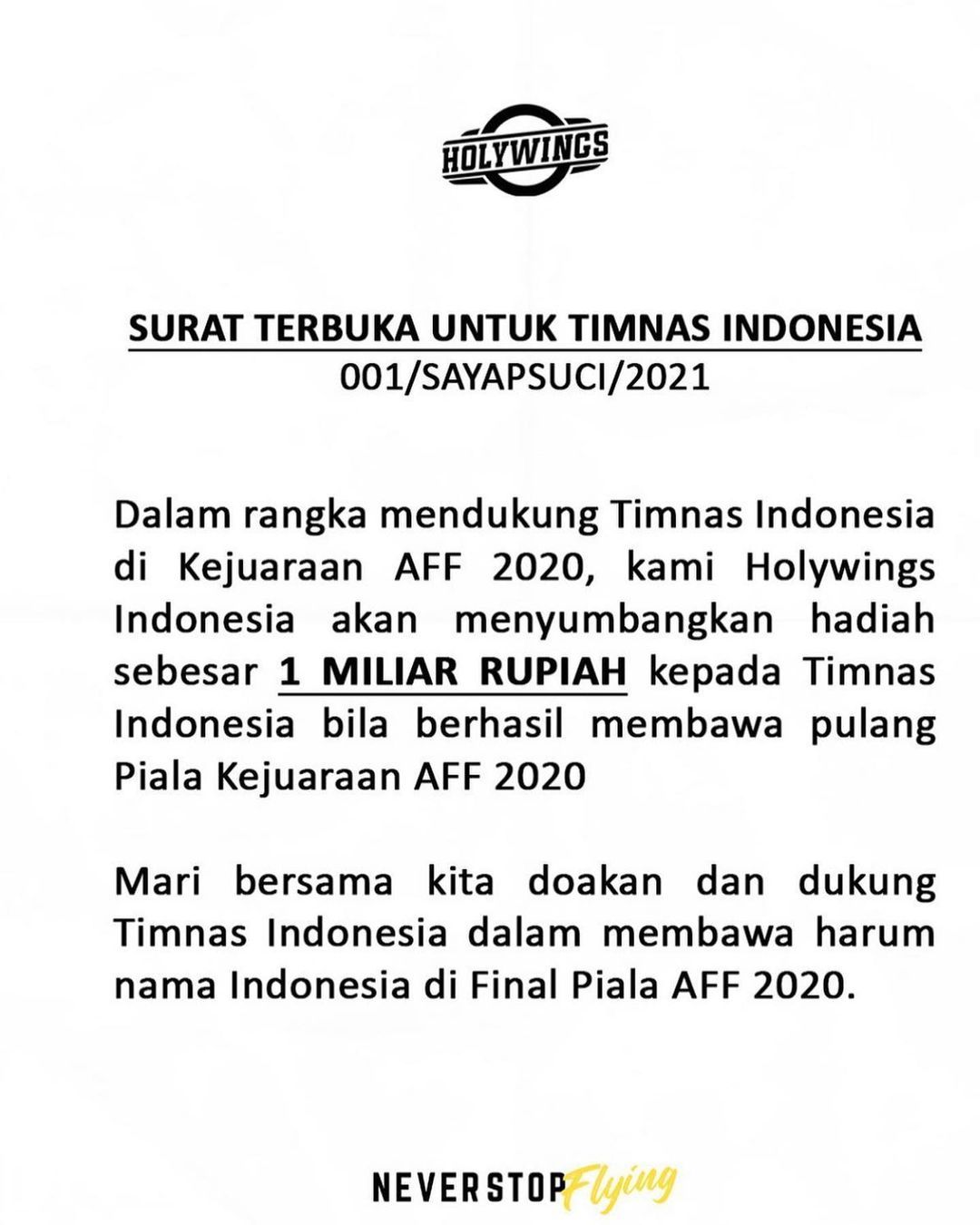 Surat Pernyataan Hadiah 1 M untuk Timnas Indonesia jika menang piala AFF 2020