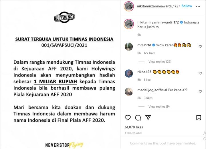Nikita Mirzani dan Hotman Paris Sebut HolyWings Bakal Berikan Rp1 Miliar untuk Timnas Indonesia Jika Menang 