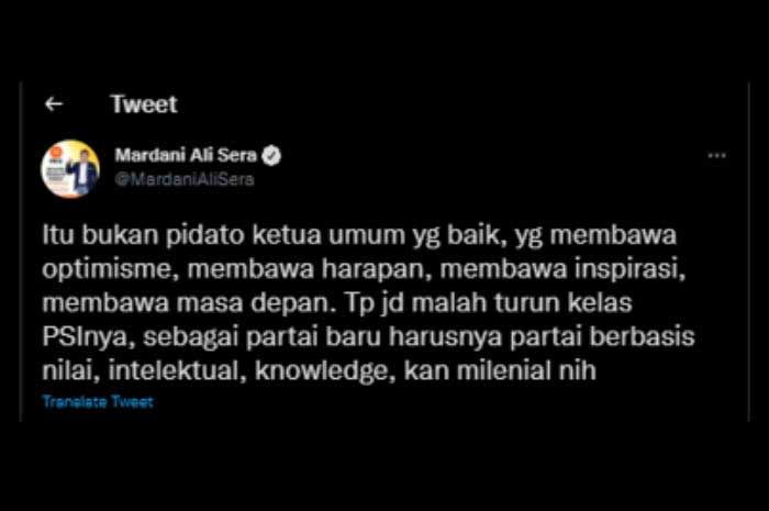 Menurut Mardani Ali Sera bahwa pidato Giring di hadapan Presiden Joko Widodo sebagai pidato yang tidak mencerminkan sebagai Ketua Umum PSI.