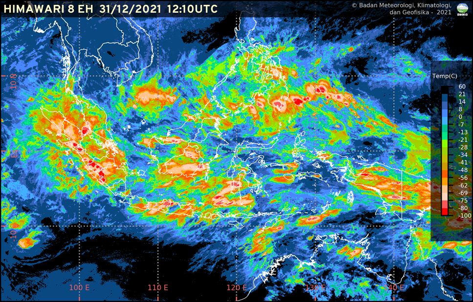 Sebaran awan dari foto satelit pada jam 19.10 WIB yang menunjukan kawasan Banten, DKI Jakarta dan sebagian Jawa Barat bagian Barat yang cerah – berawan sebagian/BMKG
