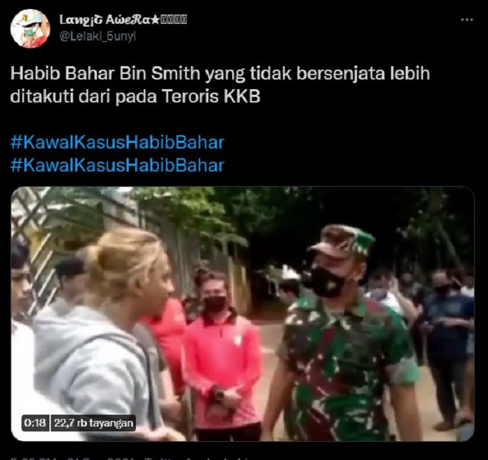 Tangkapan layar akun Twitter yang mengunggah video Bahar Smith bersitegang dengan anggota TNI.