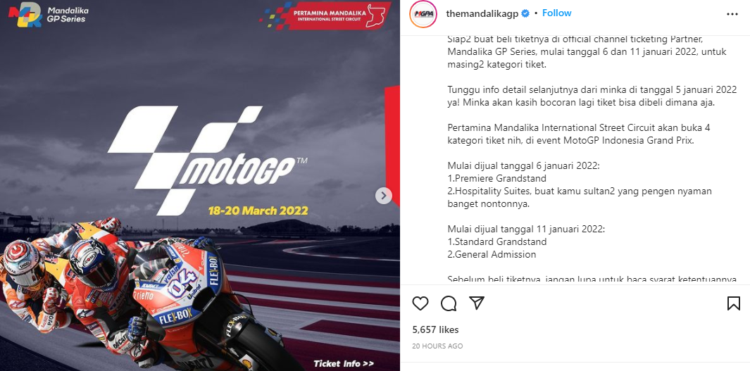 Tiket MotoGP di sirkuit internasional Mandalika sudah bisa dibeli sebentar lagi.