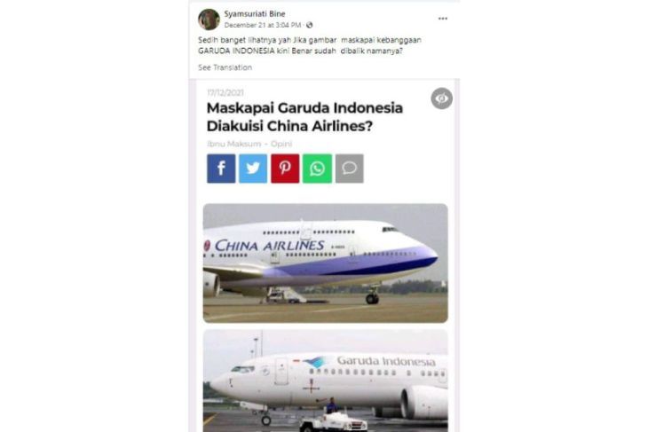 HOAKS - Beredar sebuah unggahan yang menyebut jika Garuda Indonesia diakuisisi China Airlines. Faktanya, hanya bekerjasama saja.*