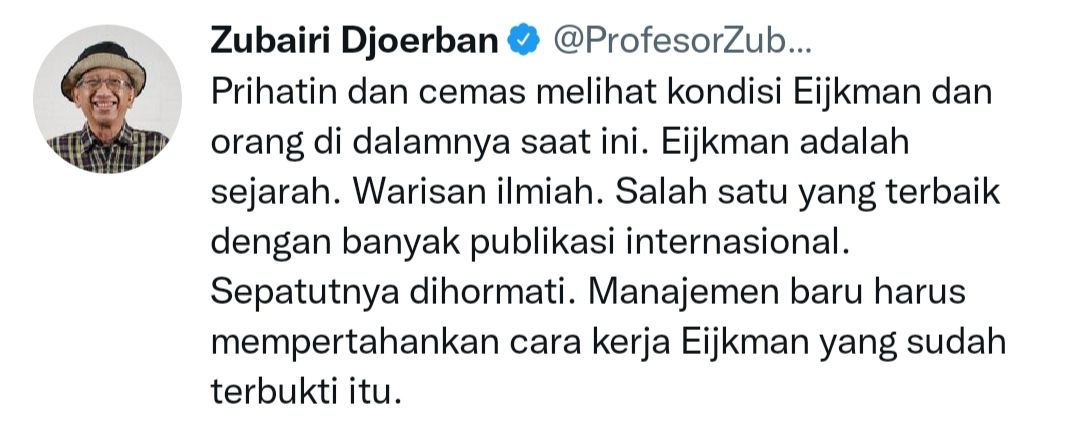  Ketua Satgas Penanganan Covid-19 Ikatan Dokter Indonesia (IDI) Zubairi Djorban menyayangkan kondisi Lembaga Biologi Molekuler Eijkman