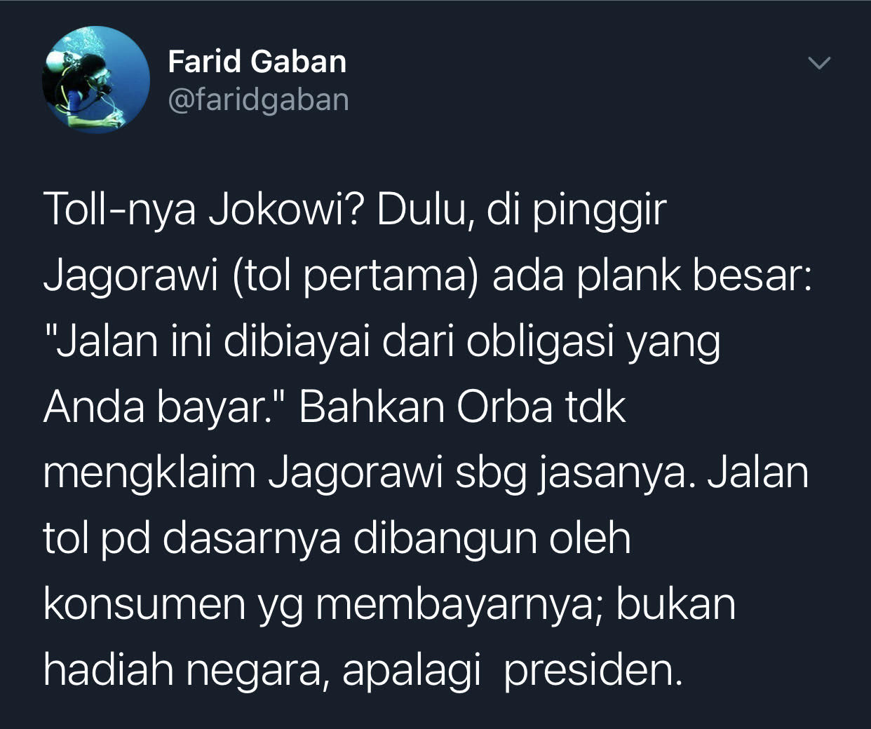 Cuitan Farid Gaban mengomentari kisruh ucapan Yunarto Wijaya soal 'Tolnya Jokowi'.