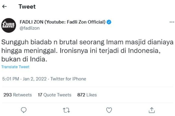 Fadli Zon menyebut jika pembunuh imam masjid di Kabupaten Lawu sebagai perilaku yang brutal dan biadab.*