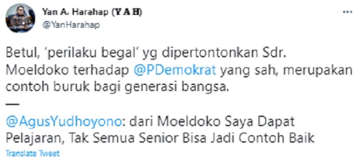 Yan Harahap mengaku setuju dengan pernyataan Harimurti Yudhoyono (AHY) soal Moeldoko. Singgu 'perilaku begal'.*