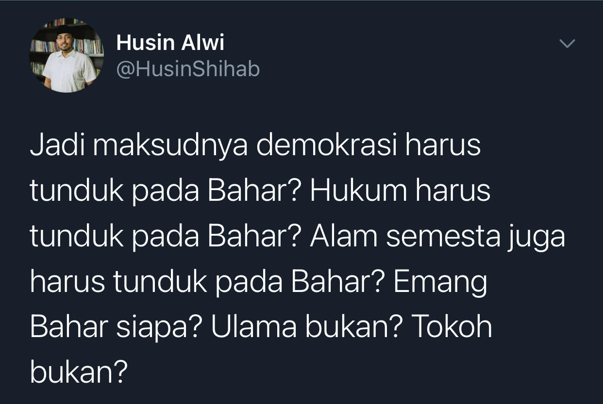 Cuitan Husin Shihab soal Habib Bahar yang sebut demokrasi Indonesia mati jika dirinya ditahan kepolisian.