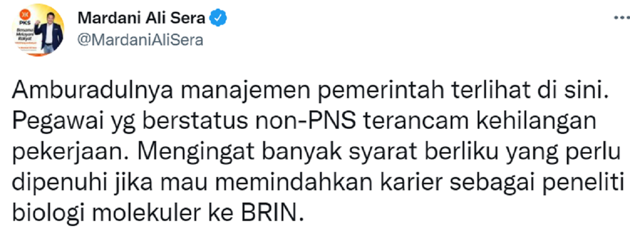 Cuitan Mardani Ali Sera mengomentari lembaga Eijkman yang dilebur ke BRIN.