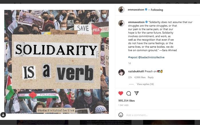 Emma Watson tunjukkan dukungan kepada Palestina