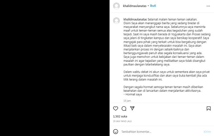 pernyataan yang ditulis MKA alias OCD, demisioner BEM Universitas Muhammadiyah Yogyakarta (UMY) terduga pemerkosaan tiga mahasiswi UMY