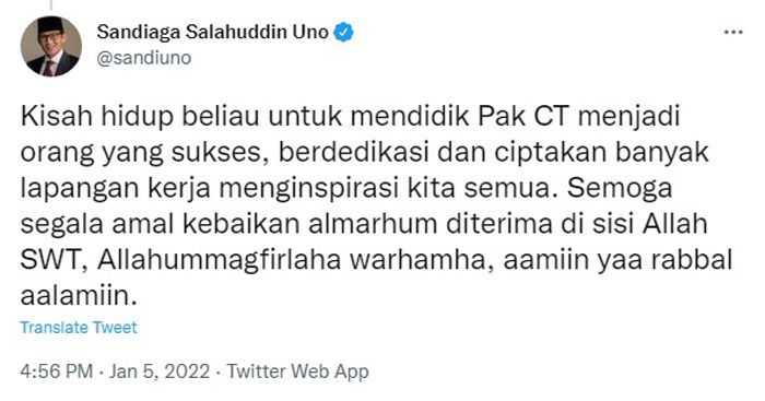 Sandiaga Uno Tanggapi Sosok Almarhumah Ibunda Chairul Tanjung