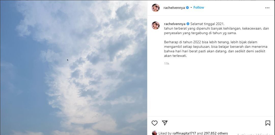 Rachel Vennya membuat postingan Instagram yang berisi harapannya di tahun 2022, ungkap keluh kesahnya pada tahun 2021