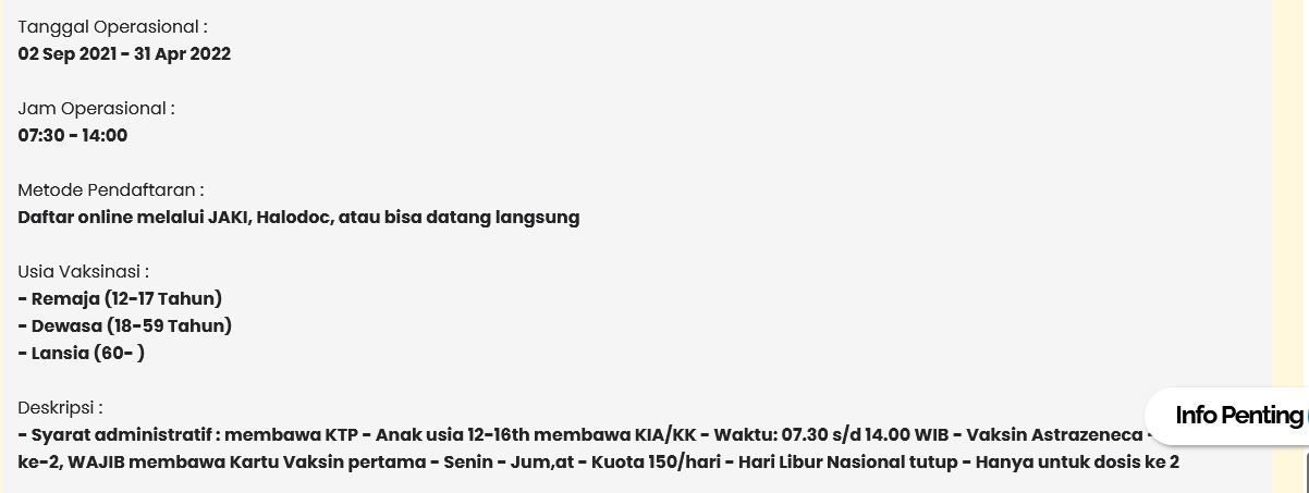 Contoh tanggal operasional, jam operasional di lokasi layanan fasilitas kesehatan vaksin Covid-19 di Jakarta (Tangkapan layar covid19.go.id/faskesvaksin)