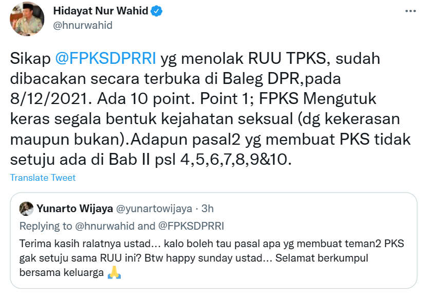 Cuitan Hidayat Nur Wahid saat menjelaskan pasal dalam RUU TPKS yang ditolak PKS.