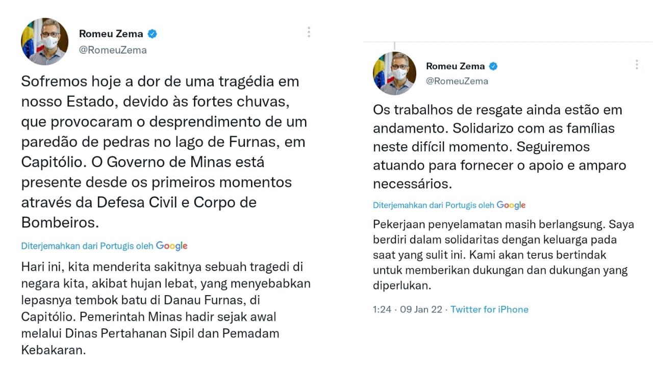 Cuwitan Akun Twitter resmi Romeu Zema, Gubernur Minas Gerais terkait tragedi tebing runtuh di Brazil, Sabtu, 8 Januari 2022