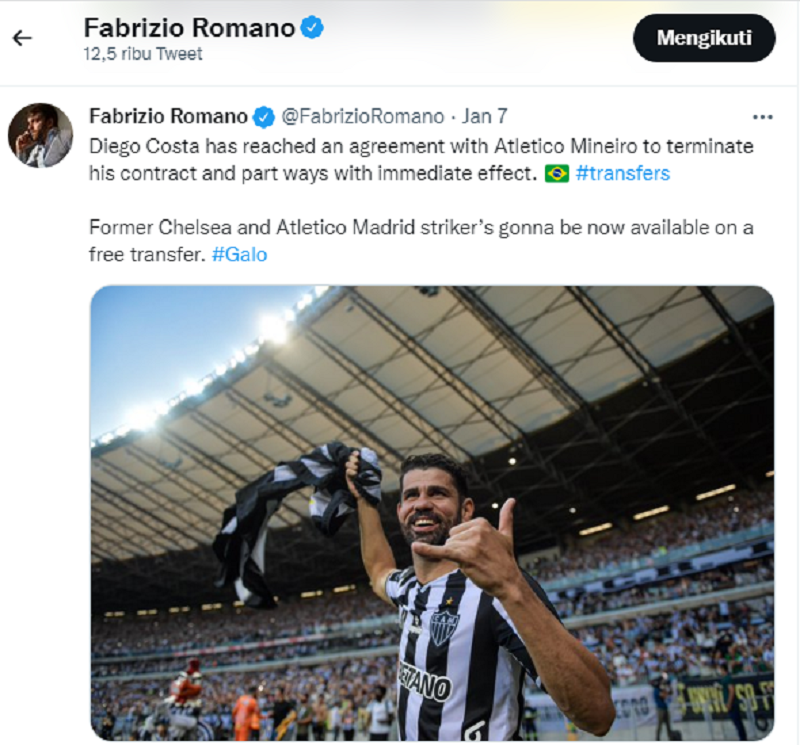 Mantan Striker Chelsea Diego Costa Resmi Tak Punya Klub, Diputus Kontrak oleh Atletico Mineiro di Liga Brasil