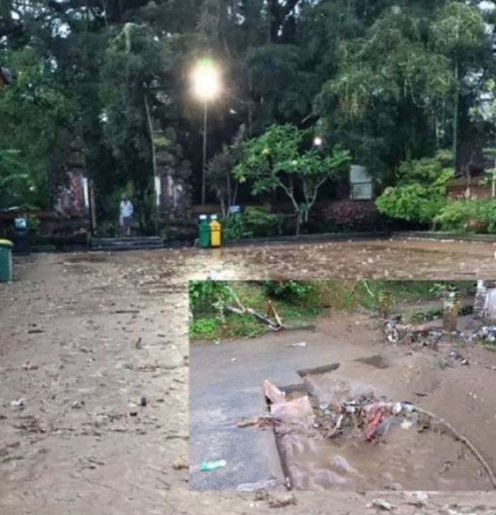 Kondisi Tirta Empul Tampaksiring setelah banjir akibat hujan lebat sejak Sore 9 Januari 2022.