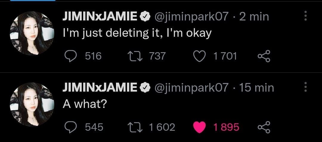 Jamie pun melanjutkan twitnya dengan mengatakan "aku tidak apa-apa". / Twitter @jiminpark07