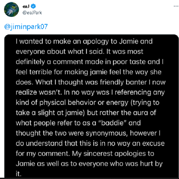 Pernyataan Jae yang meminta maaf. /Twitter @eajpark